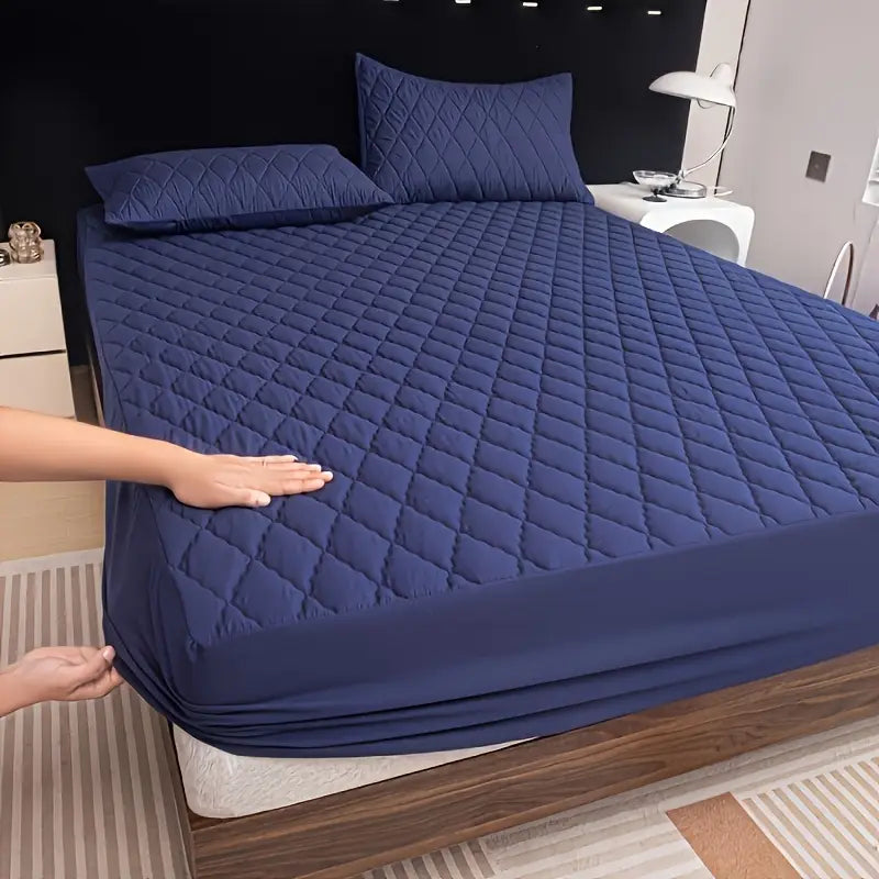 Quilted Waterproof Mattress Protector Double Bed Blue